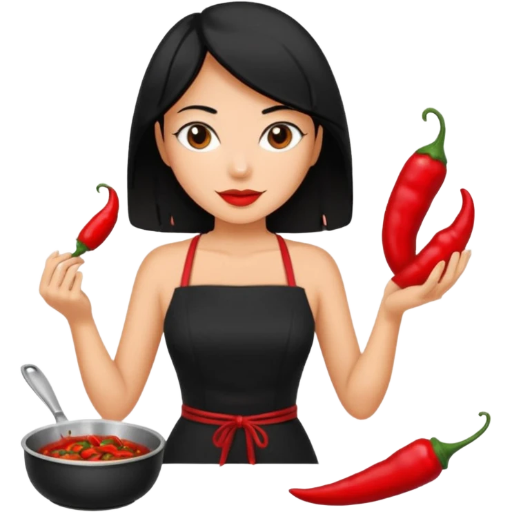 black short shoulder length hair tanned woman, black dress cooking, holding chili pepper emoji