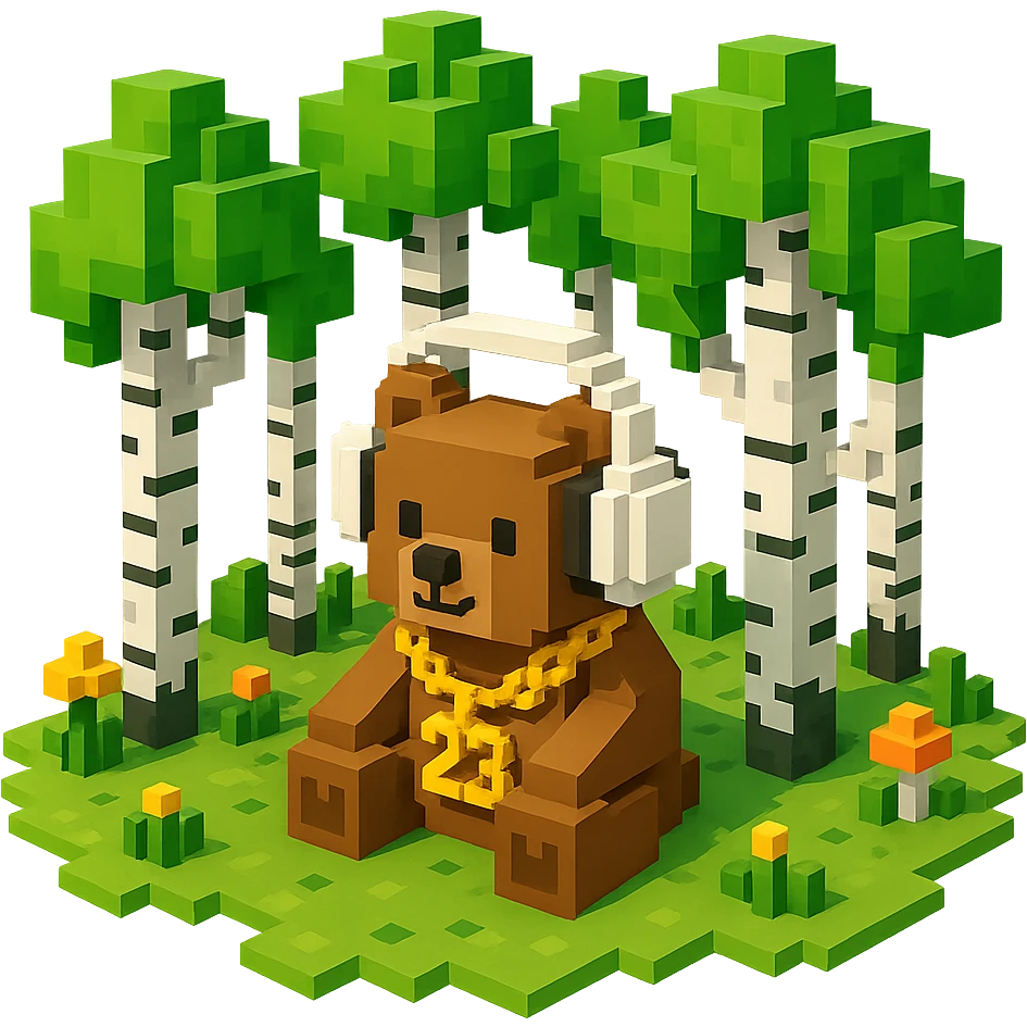 березовый лес, в котором сидит бурый медвежонок в белых наушниках (наушники должны закрывать уши медведя), на медведе цепь с подвеской "23", no background  emoji