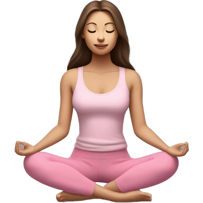 a girl with brown long hair, fair skin and green eyes, meditates in a relaxed lotus position in a comfortable monochrome pink top and monochrome pink leggings emoji