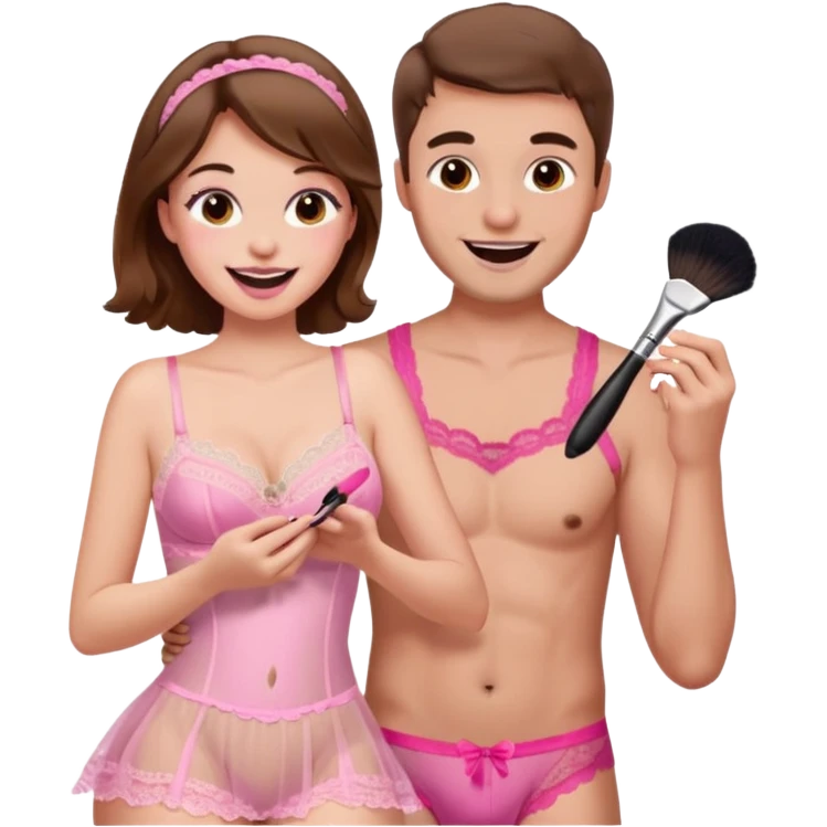brown hair male getting sissified in pink feminine lingerie dress by his wife. the wife is laughing. she is doing makeup emoji