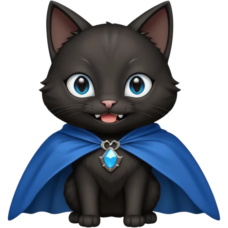 an all black anthropomorphic cat with blue eyes wears an all black cape and is smiling a mischievous sharp tooth grin emoji