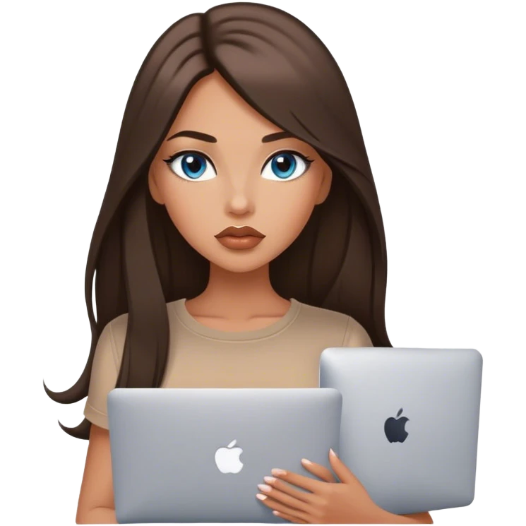 Glamours tanned very beautiful girl with big pump peach lips and dark chocolate straight smooth long hair, blue-grey eyes in brown/beige short sleeves clothing with MacBook emoji