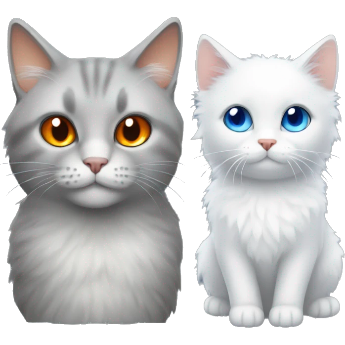 A Fluffy grey cat with orange eyes and a white cat with blue eyes emoji