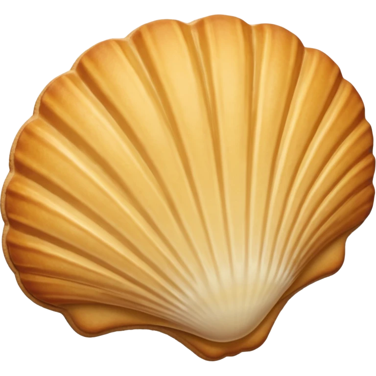 A madeleine pastry. Oval seashell shape with ONLY four to five vertical lines going in the same direction. Light golden brown. Scalloped edge. Cookie. Flat. Long. Oval shape. Lets scallops. Only four or five scalloped lines. Oblong shape. More length. Less roundness. emoji