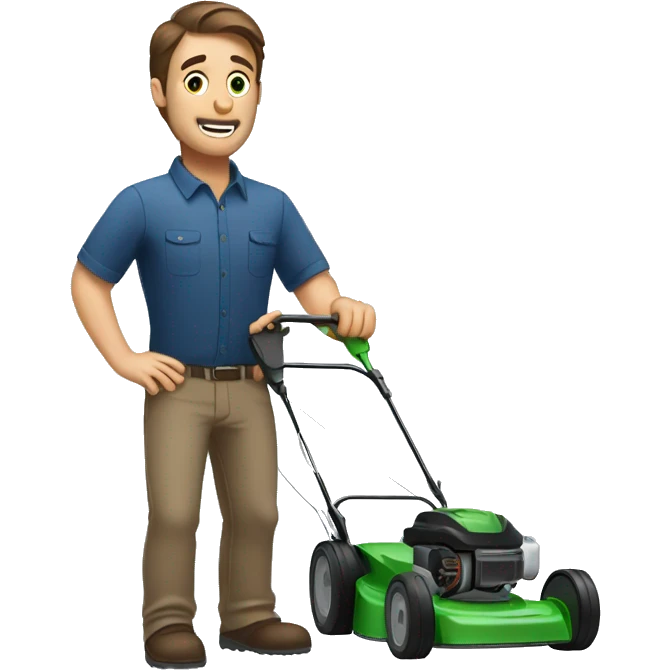 man with brown hair, mowing the lawn, talking on the phone  emoji