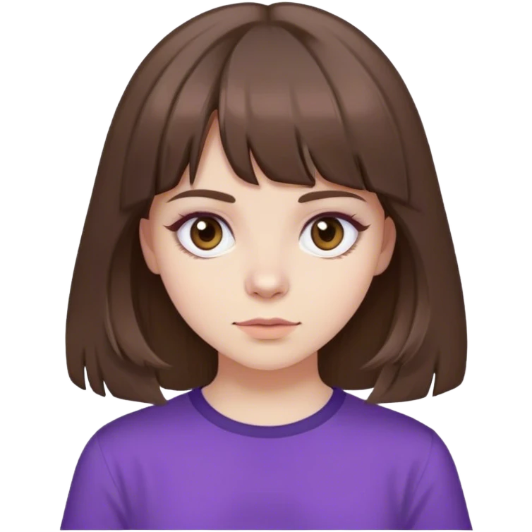 girl brown hair and curtain bangs. brown eyes, pale skin purple shirt  emoji