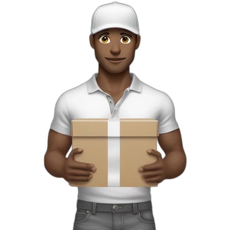 Pale skinned fit Man with dark brown hair in a white cap, gray jeans and gray polo T-shirt keeping a pasted with tape box into his hands emoji