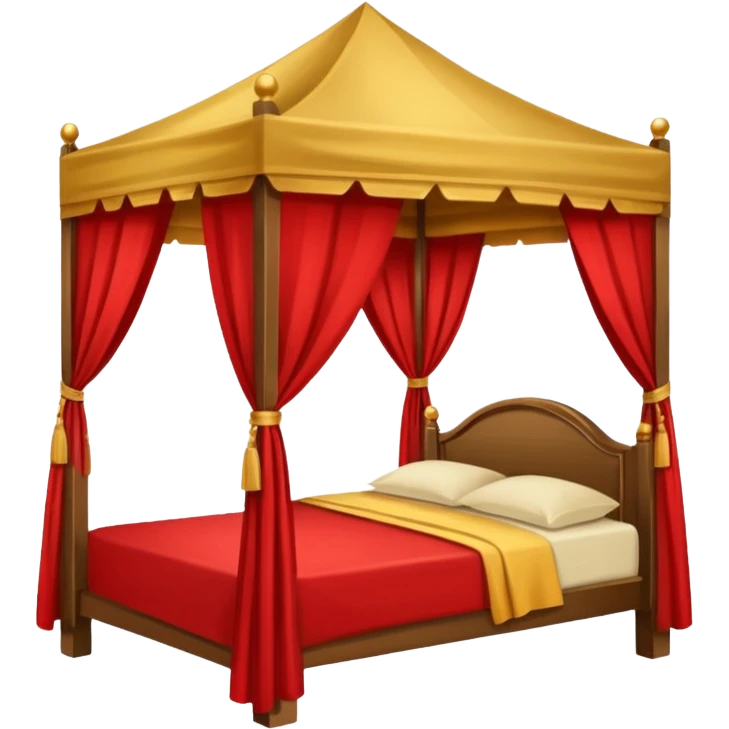 bed with red and gold sheets, wooden, canopy, simple emoji