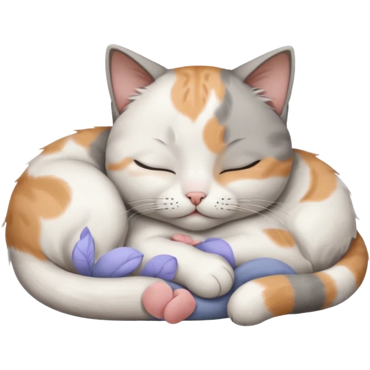 grey and white small cat with its eyes closed lying down with its paw curled and holding up his head emoji