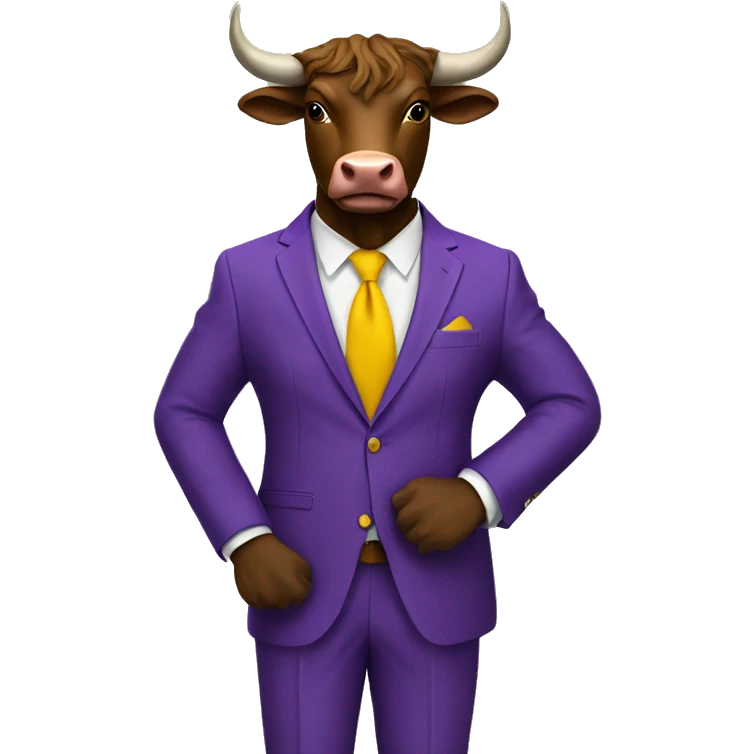 Brown bull with horns standing with 3 piece purple suit yellow tie wearing brown shoes  emoji