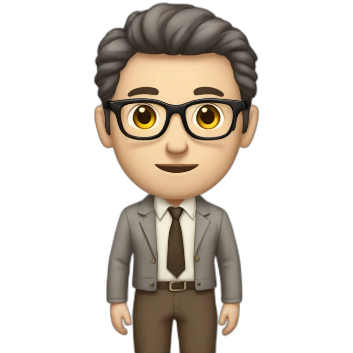Full height Pale skinned Fit Man With dark brown hair in gray jacket, beige office shirt, tie, Brown pants and vintage glasses. Thrumbs of his palms directed up emoji