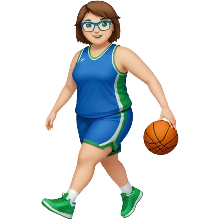 Full Body plus size white female basketball player with short medium brown hair with carmel highlights spike hair wearing blue glasses 
 wide nose wearing blue green uniform  green sneakers smiling  emoji