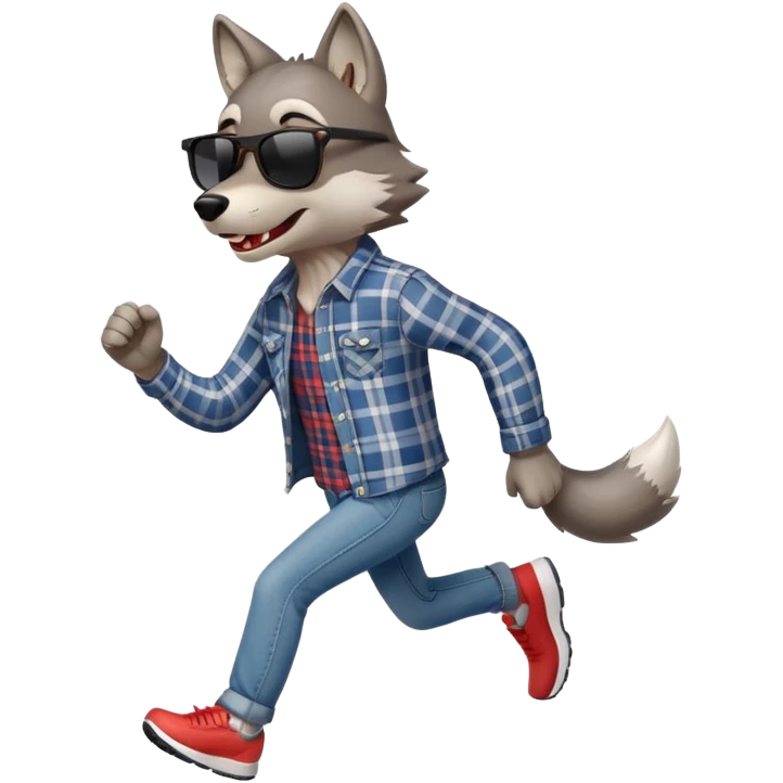 friendly anthropomorphised wolf in jeans and plaid shirt, wearing dark sunglasses, jogging upright in standard pose emoji