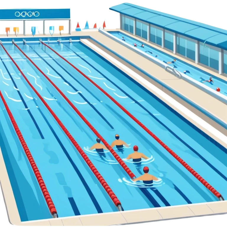 An icon featuring an Olympic swimming pool with multiple lanes and swimmers racing side by side. Splashes and lane dividers highlight the competition atmosphere. Transparent background emphasizes the energy, speed, and intensity of professional swimming events. emoji