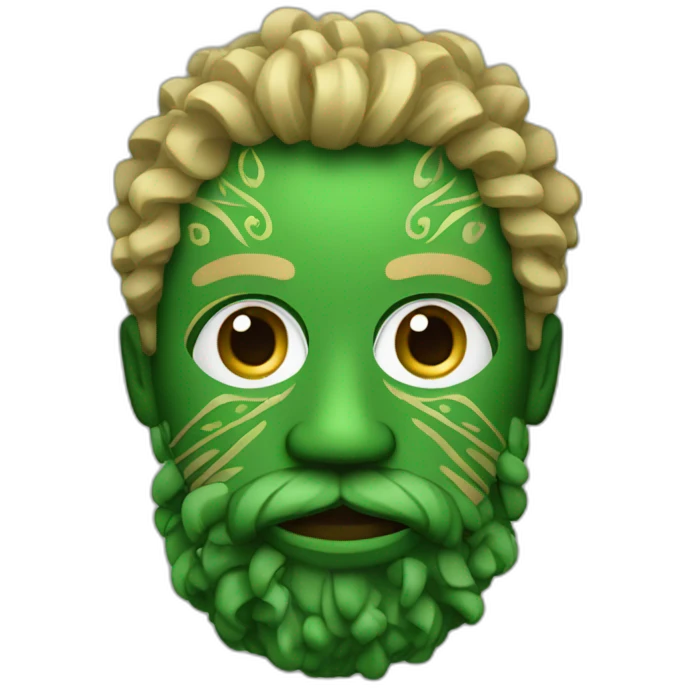 A man wearing a green wooden tribal mask with medium length blonde curly hair and with beard emoji