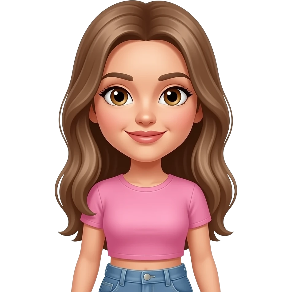 Woman with an oval face, light tan glowing skin, large almond-shaped hazel eyes with long lashes, light full arched eyebrows, straight slim nose, full lips, long light blondish brown smooth hair, symmetrical model-like face, elegant and soft  smile . Wearing pink Crop top and jens emoji