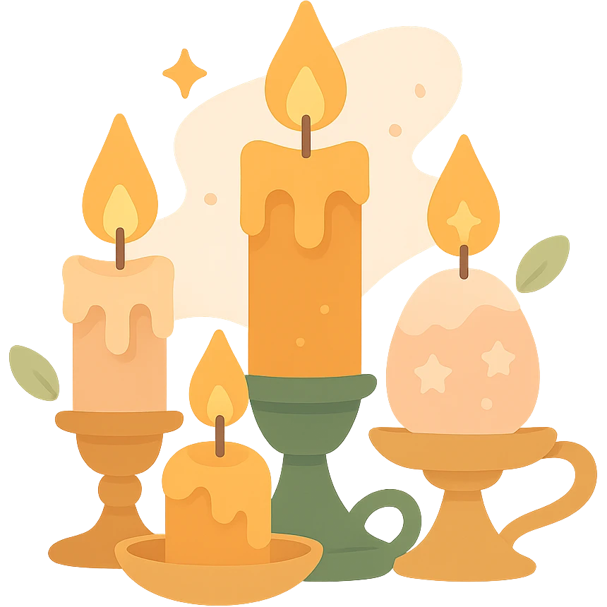 Several cute, glowing candles with flickering flames, set in a cozy and magical atmosphere, designed in a soft color palette: golden orange (FA9B41), deep forest green (4A7C5C), warm taupe brown (96775A), and pastel peach (FFCC9A). The candles are in delicate, slightly vintage holders, with the flames casting a gentle, warm glow. The wax is in shades of golden orange and peach, with subtle gradients, and small decorative patterns or tiny sparkles around them. The soft light from the candles creates a dreamy, enchanting ambiance, surrounded by tiny floating leaves or soft mist. The overall mood is serene, inviting, and magical. emoji