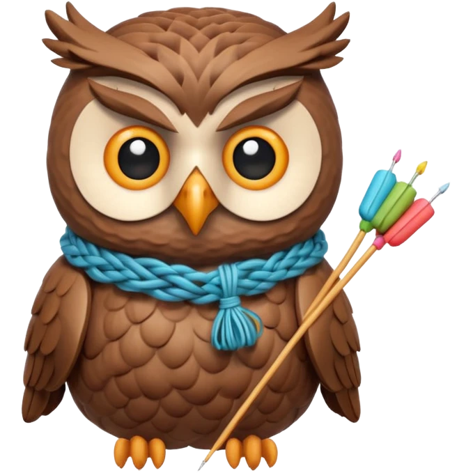 knitting owl portrait, head and shoulders only, cute owl holding knitting needles and yarn, cozy expression, warm handmade vibe, soft feathers, 3D cartoon style, mobile game icon style, clean background, no text, no watermark
 emoji
