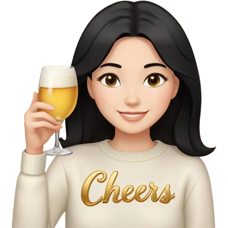 A woman with longer black hair, light to medium skin tone, full cheeks, and almond-shaped eyes, wearing a simple white sweater with the word 'cheers' in gold script, joyful and radiant expression, cheerful, emoji style, just her torso, no hands, no cups, no drinks. emoji