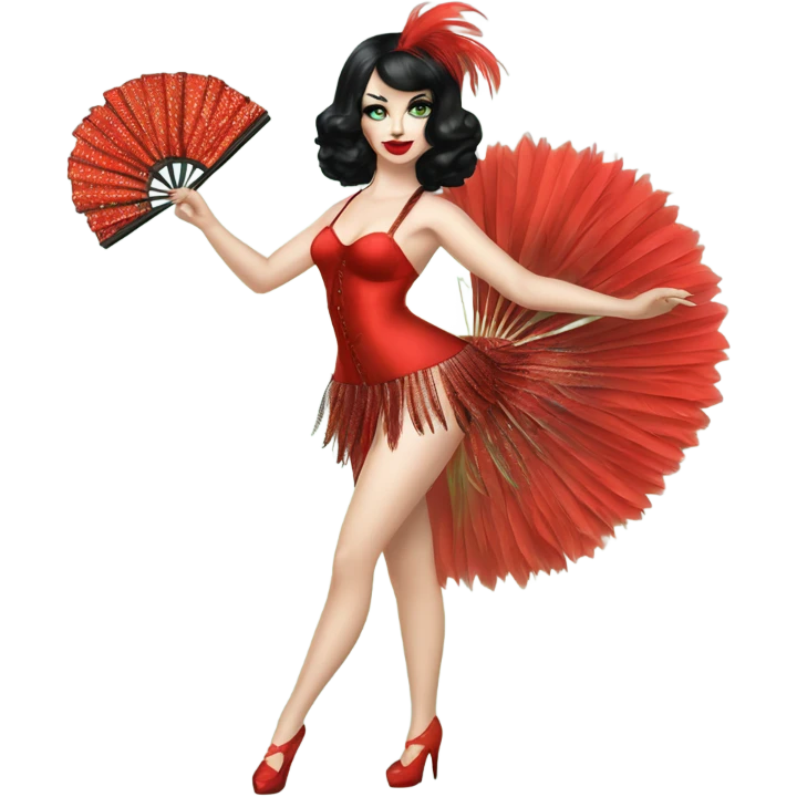 Burlesque dancer with black hair, pale skin, and green eyes in a red vintage costume holding red feather fans emoji