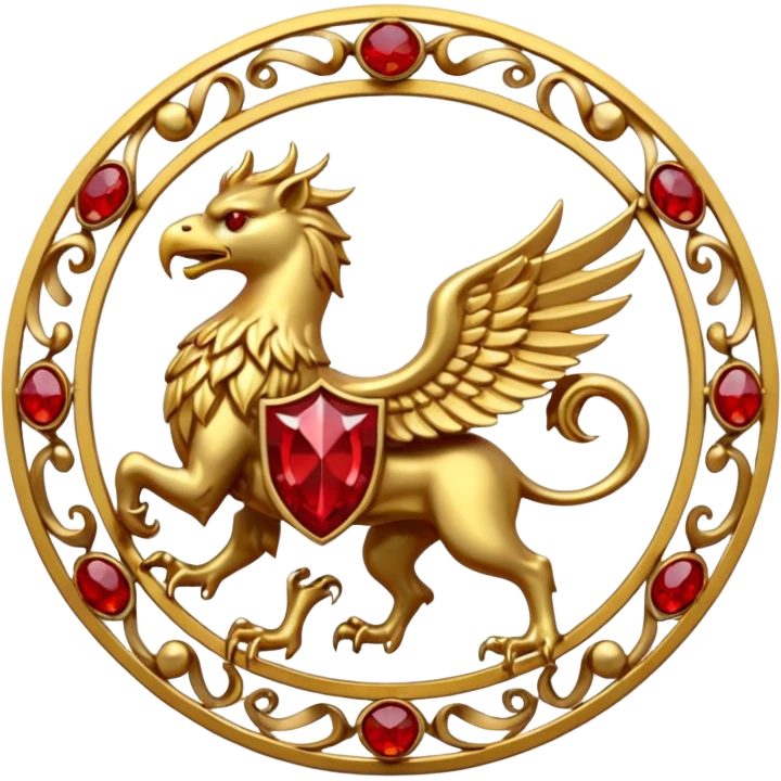 Golden griffin crest / brosch in a circle with red gems and no background emoji