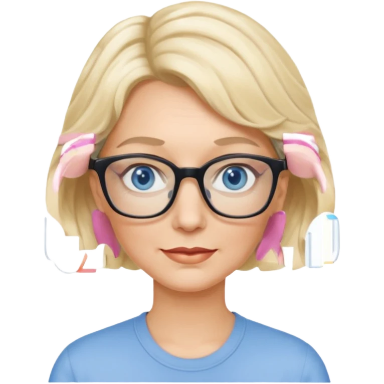 woman 60 very short weavy blonde haire, rectangle glases, blue eyes emoji