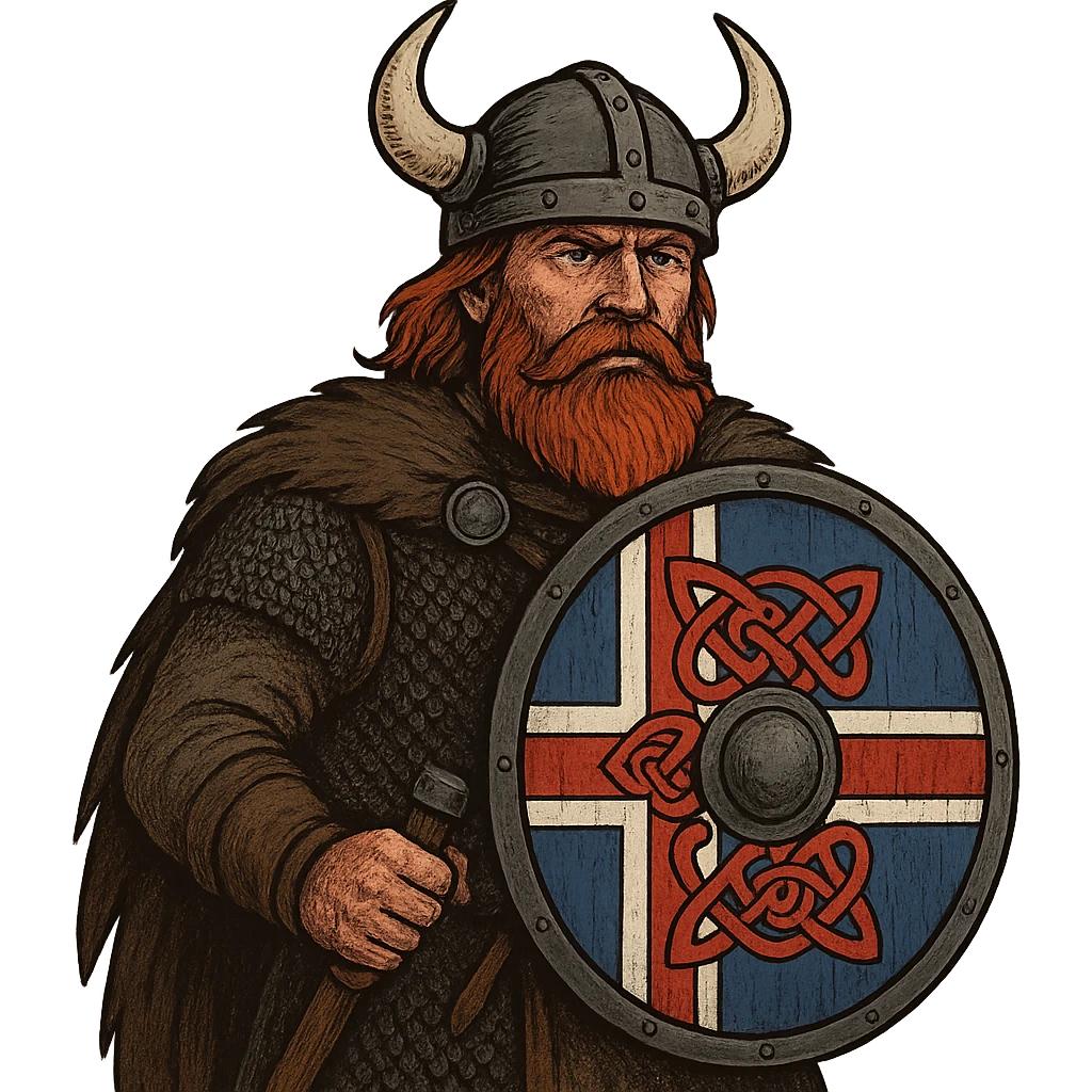 Norwegian Viking with red beard and helmet with horns. Holds a round shield with Norwegian pattern emoji