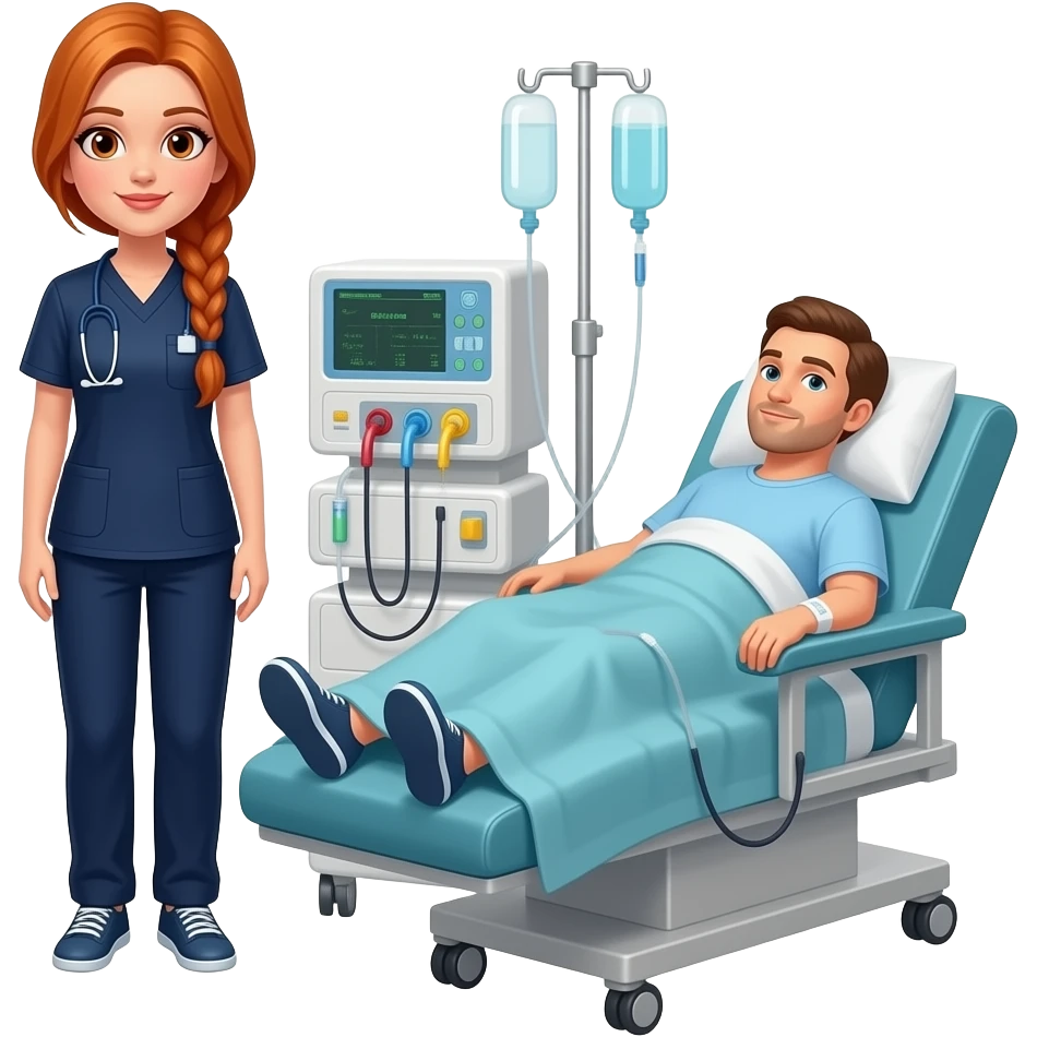 sexy girl with long ginger braids and ginger eyes wearing a dark blue scrubs stands next to a dialysis machine and nurses a dialysis patient emoji