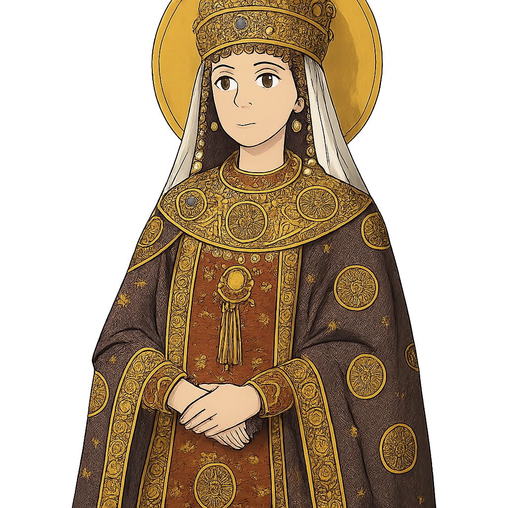Empress Theodora in ornate Byzantine robes and crown emoji