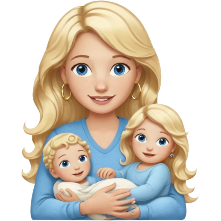 Wavy blonde, white woman with blue eyes, freckles hoop earrings, holding babies smiling and really cute in gold hoops she needs to be holding three newborns, and she needs to be more cute than pretty emoji