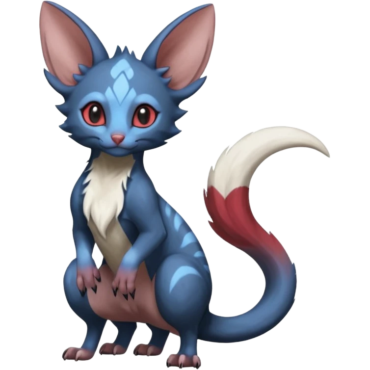 Dark Brown-Oily deep-blue-glittery Minccino-Lykoi-Emolga-Sphynx-Linoone-Zangoose-fusion-hybrid-animal-Fakémon-creature, full body, thin long sleek scaly tail, intricate markings emoji
