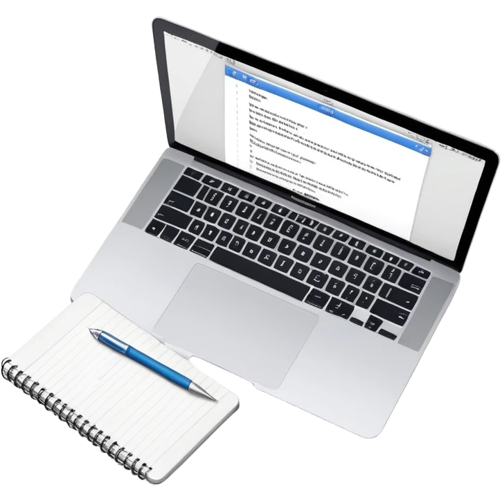 top view of a MacBook and a notebook with a pen nearby, notebook with visible notes emoji