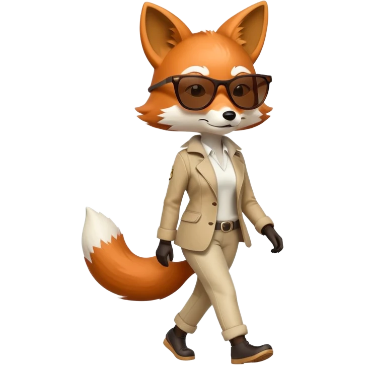 serious anthropomorphised female fox in stylish casual outfit with sunglasses, walking with confidence, full-body emoji