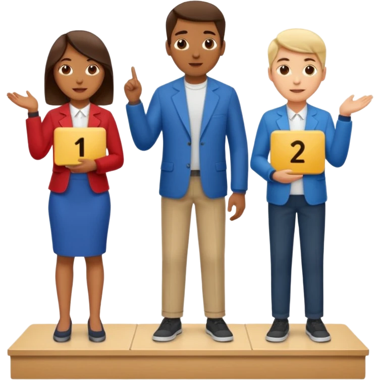 show people on podium in first, second and third place.  The podium should be labled 2, 1, 3.  The middle position should only have the number 1.  the people should be dressed causally in regular clothes emoji