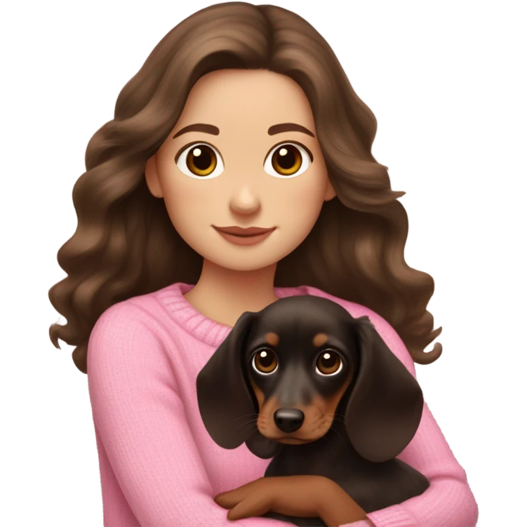  white girl with dark brown long wavy hair in a pink sweater holds a dark brown and cream dachshund long-haired puppy in her arms emoji