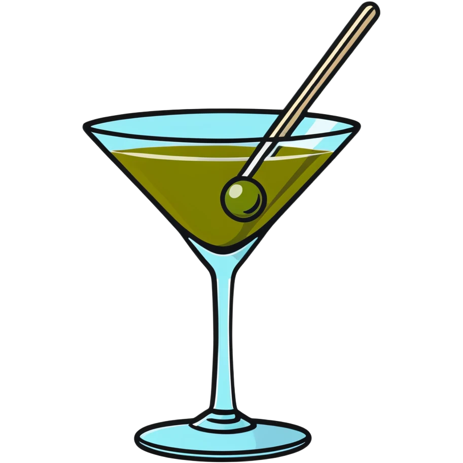 martini glass with crystal clear transparent liquid and an olive at the bottom skewered by a toothpick emoji