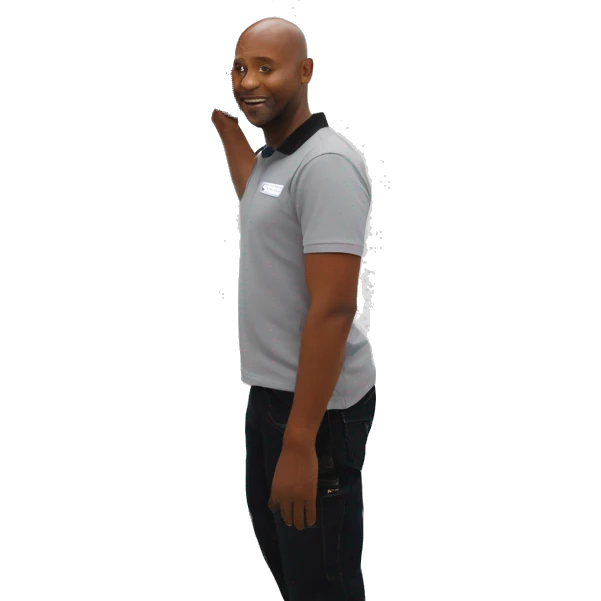 Technician in black polo shirt installing a 43 inch  tv on white exhibition stand emoji