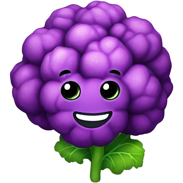  Cheerful purple cauliflower with vibrant green leaves, a cute face with big expressive eyes and a friendly smile, styled in a cartoonish and playful design. emoji