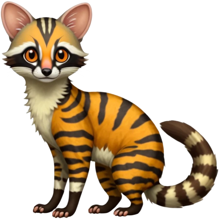 Feral Rare Fantasy shaded detailed colorful Genet-Trico-Civet-Cacomistle-Margay-species by LiLaiRa,, with white stripes with dark-blackish points, white belly, random markings, tufted tail, tufted ears, full body emoji