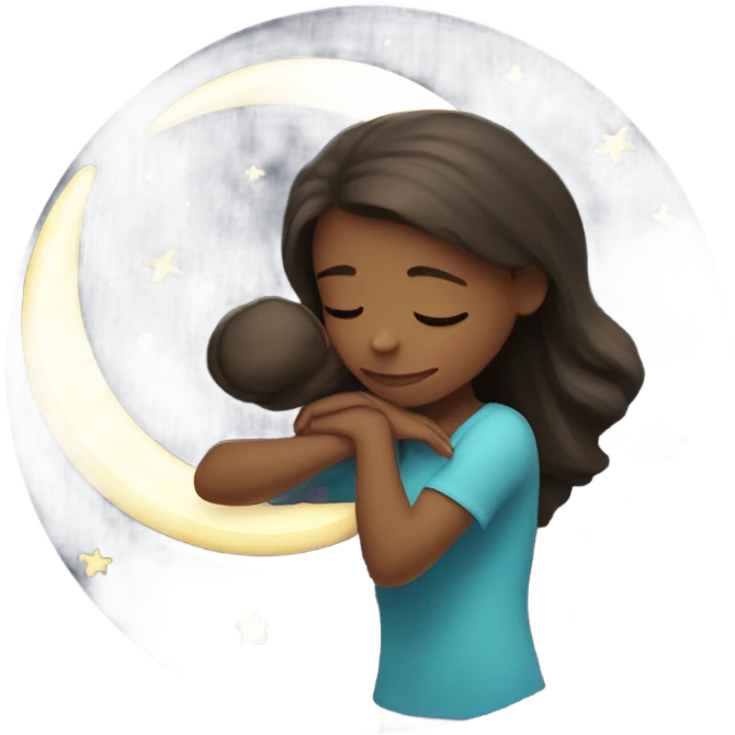 Girl hugging a groovy moon emoji