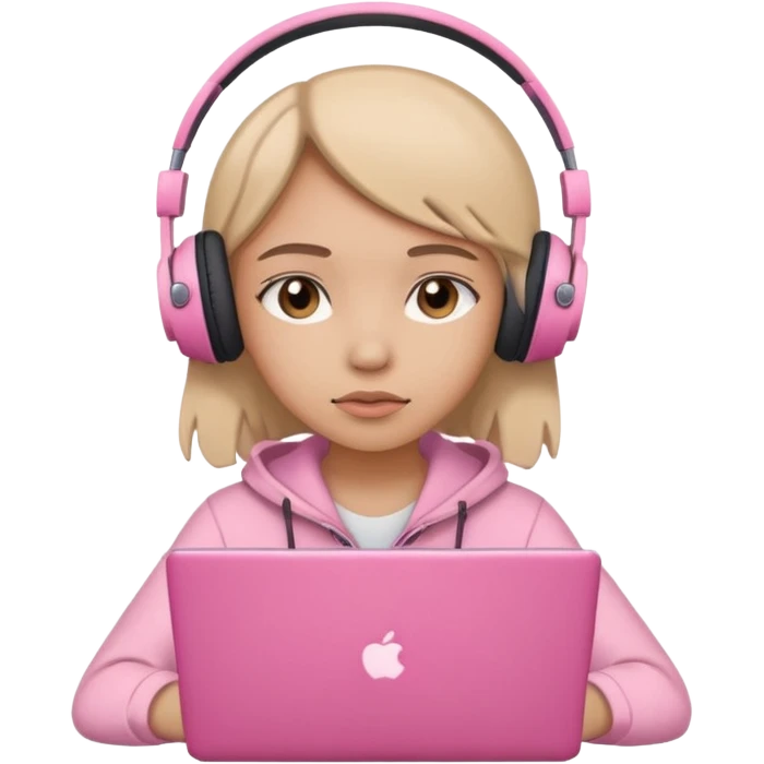 a girl with a pink laptop with headphones, color outline icon style, looking sad emoji