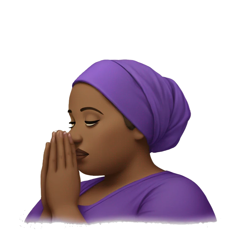 Dark Plus size woman praying with purple head wrap   emoji