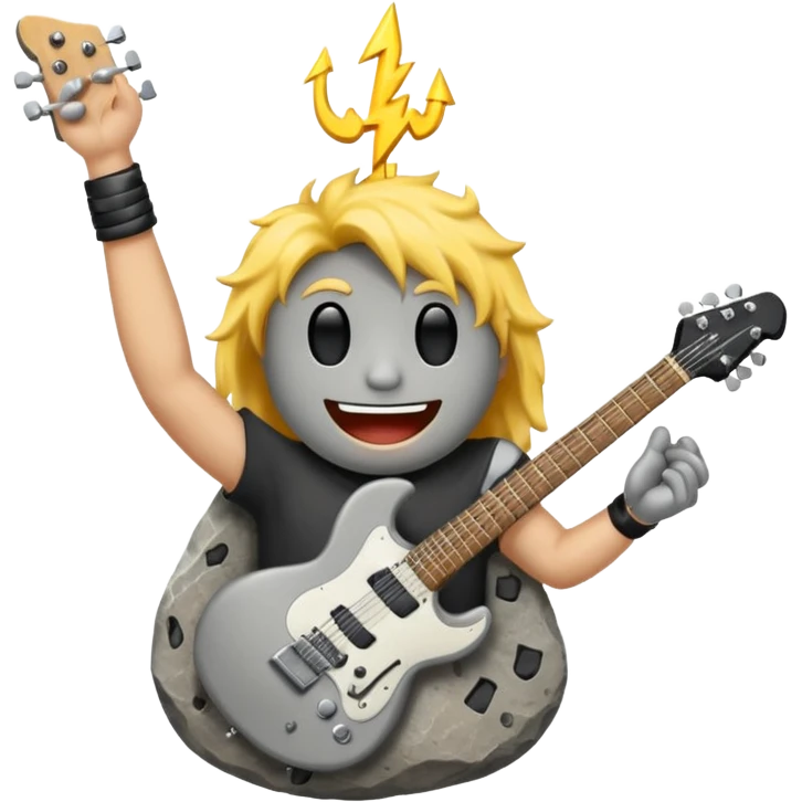 a rock with a happy face that is holding up a rock and roll hand and an electric guitar emoji