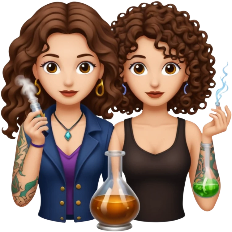 potion combo success — long wavy brown hair tattooed woman and short tight curly brown hair woman — vial connect emoji