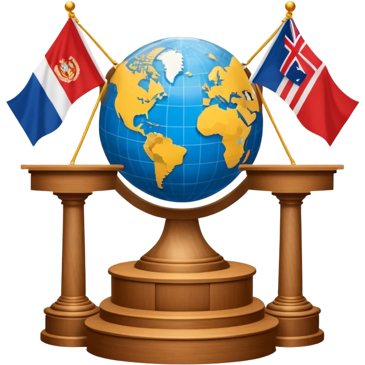 An icon featuring a podium with a speaker, national flags, and voting ballots, symbolizing political science. The design includes a globe and scales of justice in the background, representing governance, global affairs, and political theory. Transparent background emphasizes civic engagement and policy. emoji