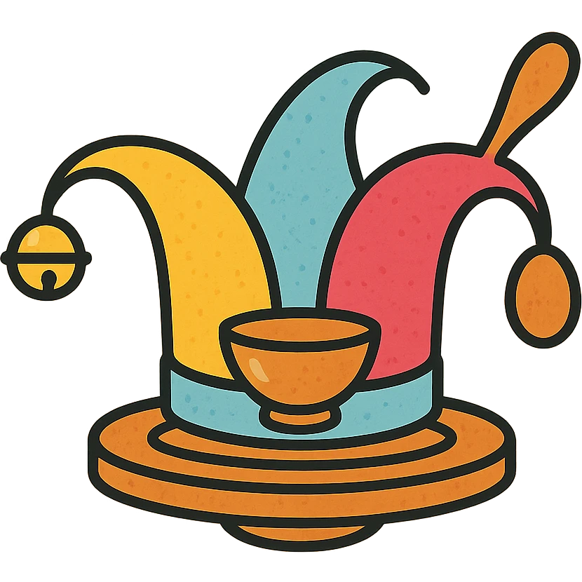 modern vector logo of a jester's hat with subtle ceramic glaze texture, sitting on a pottery wheel base, one bell replaced by a small clay bowl, another by a wooden spoon, warm inviting colors yellow, sky blue, raspberry red, playful yet elegant, suitable for branding of culinary and pottery workshop emoji