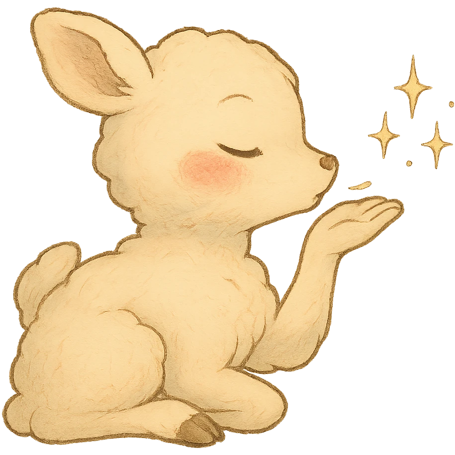 Make the vanilla-colored cloud doe appear to be sleeping, with rosy cheeks, blowing a kiss with sparkles, soft Ghibli style, with no background. emoji