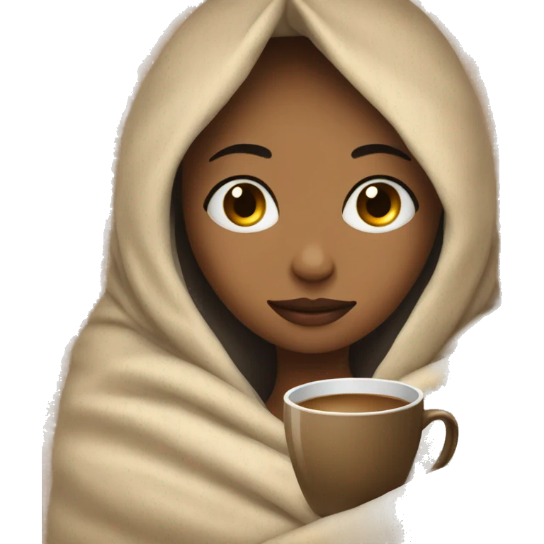 Girl wrapped in cozy blanket with coffee emoji