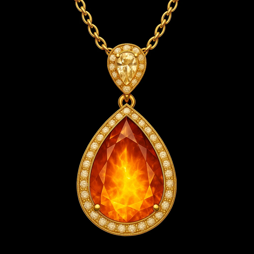 Add a yellow fiery light to the teardrop ruby pendant, representing transformation and rebirth emoji