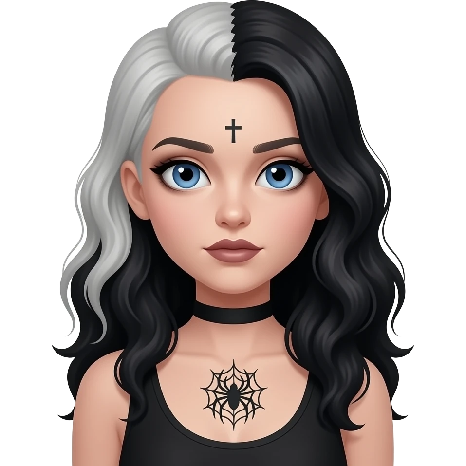 Goth girl with half of her hair shaved, the unshaved part is really long and wavy and blue eyes she has a spiderw3d tattoo on her chest and a small cross tattoo on her temple emoji